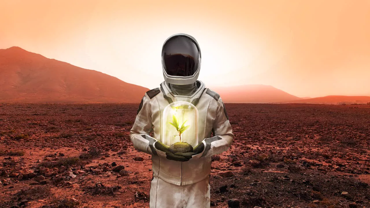 Astronaut waiting at a Mars bus stop