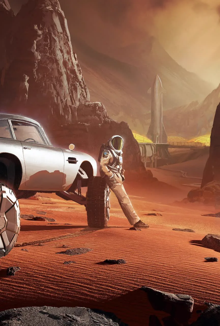 Starman resting by a Starship spaceport on Mars
